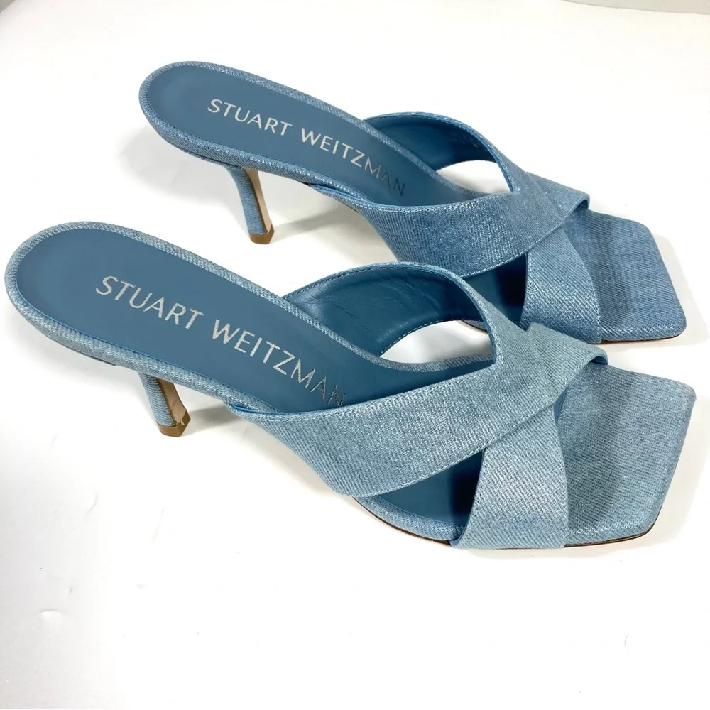 Stuart Weitzman Carmen 75 Heel Slide Sandals Blue Denim 8 NEW - Picture 3 of 17